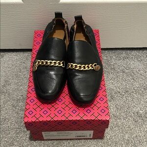 Tory Burch Black Loafers with Gold Chain Accent
